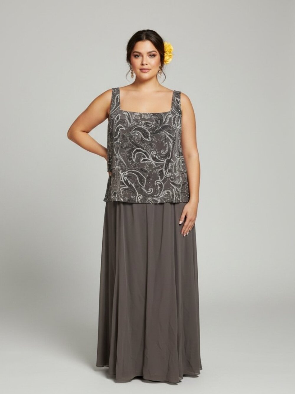 Alex Evenings Plus Size 18 Gray Paisley Glitter Formal Evening Dress Gown